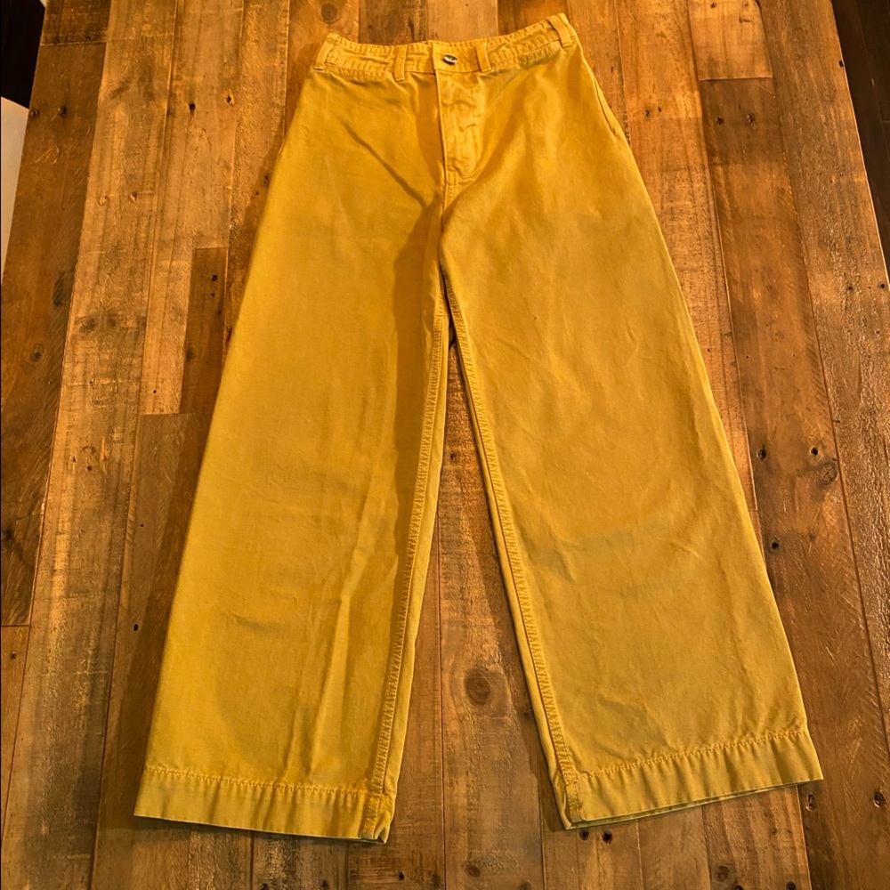 We The Free mustard yellow wide leg crop jeans.